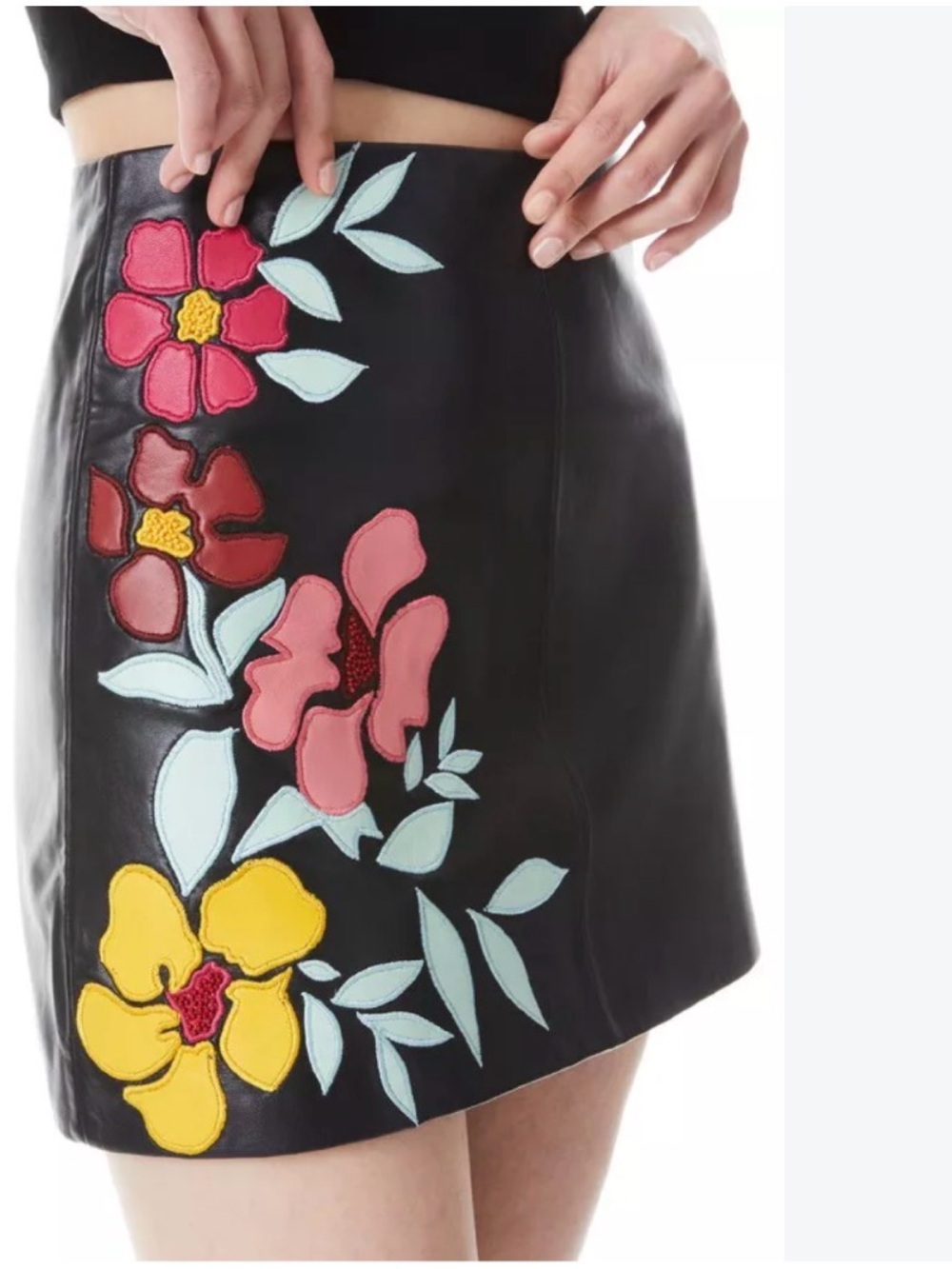 Alice + Olivia Black Mini Skirt with Pink, Yellow & Mint Floral Appliqué